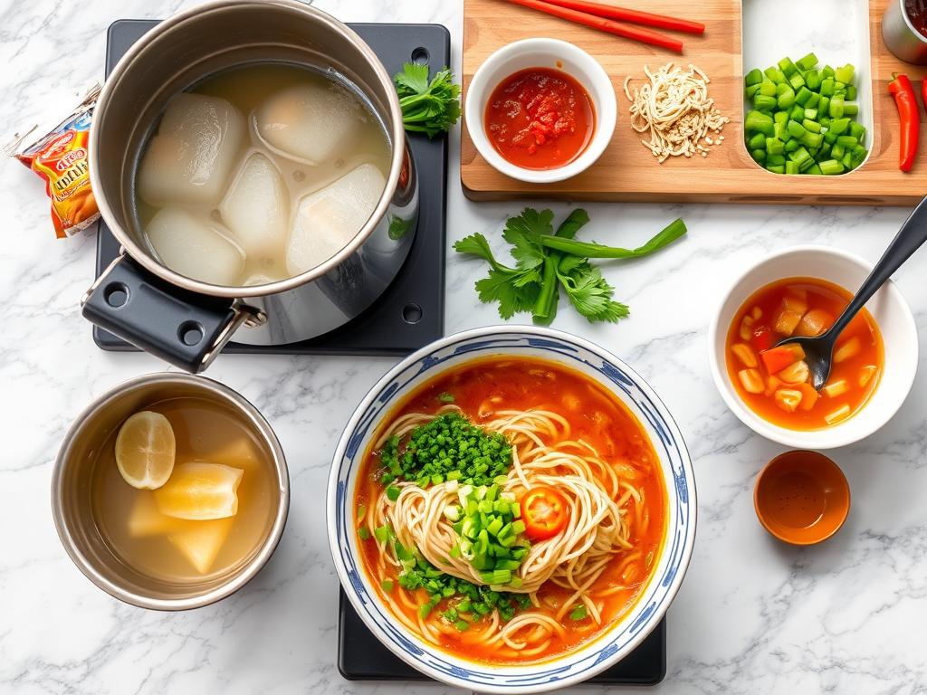 Vibrant kitchen scene showing the step-by-step preparation of Buldak Ramen with instant noodles, spicy sauce, vegetables, green onions, sesame seeds, boiling water, a bowl with mixed ingredients, and cooking utensils like chopsticks and a ladle.