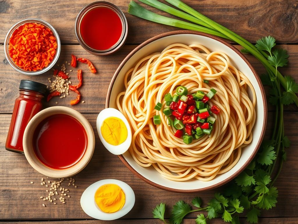 Flat lay of essential ingredients for Buldak Ramen, including gochugaru pepper flakes, ramen noodles, sliced green onions, spicy Korean chili sauce, sesame seeds, boiled egg halves, and fresh cilantro on a rustic wooden background.