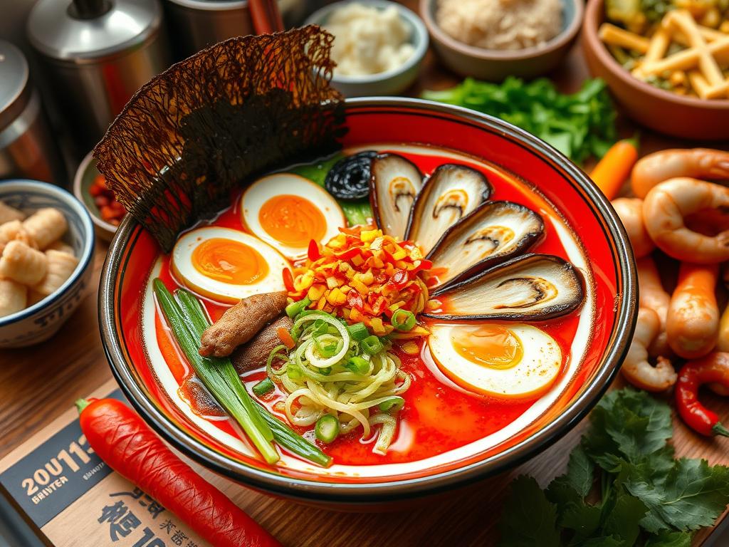 Vibrant bowl of Buldak Ramen with bright red spicy broth, topped with customizable ingredients like boiled eggs, green onions, vegetables, seaweed, grilled chicken, and chili flakes. Variations include vegetarian with tofu and mushrooms, seafood with shrimp and squid, and creamy with melted cheese, set in a cozy kitchen with ingredients arranged artistically around.