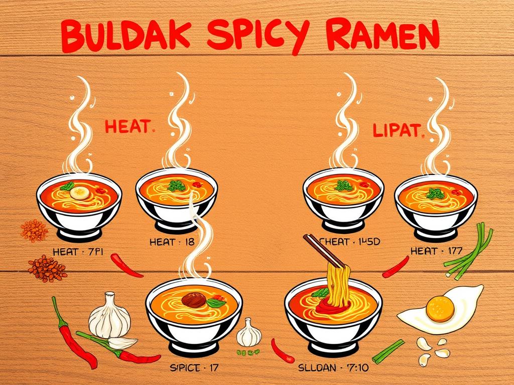 Illustration of Buldak Spicy Ramen bowls arranged by heat levels, with a gradient of red and orange colors, steam rising, surrounded by chili flakes, garlic, and green onions on a textured wooden surface.