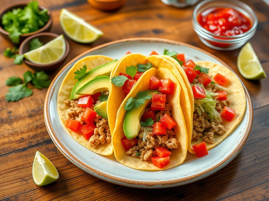 Vibrant plate of ground chicken tacos in soft corn tortillas, topped with diced tomatoes, avocado slices, shredded lettuce, and cilantro, set on a rustic wooden table with lime wedges and salsa under warm natural lighting.