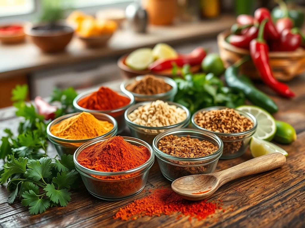 Rustic wooden surface with colorful spices in bowls, including chili powder, cumin, garlic powder, onion powder, and paprika, surrounded by cilantro leaves, lime wedges, whole chilies, and a wooden spoon, with a blurred vibrant kitchen in the background.