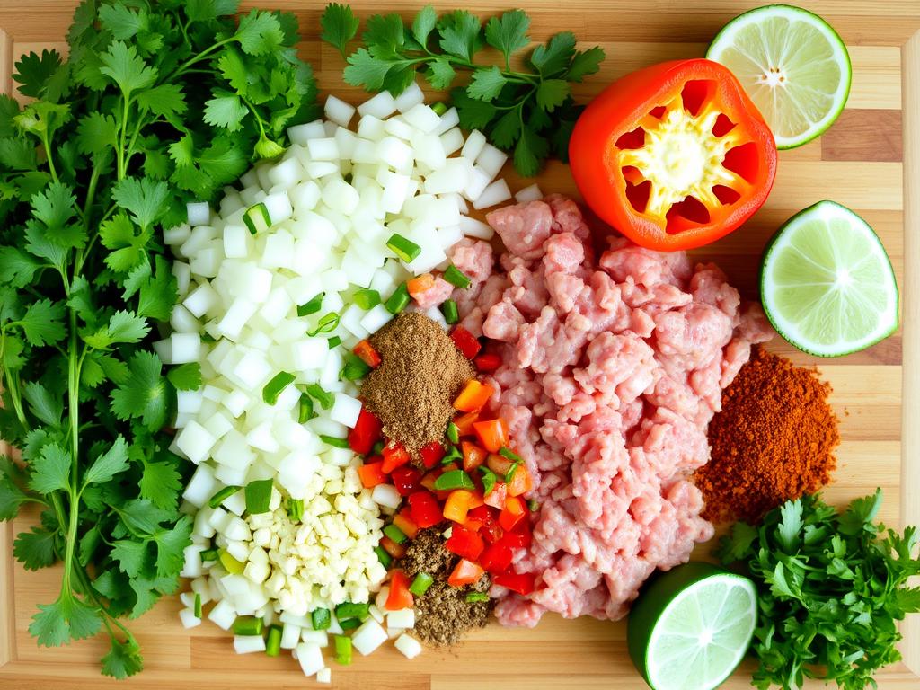 Assortment of fresh ingredients for ground chicken taco meat, including raw ground chicken, diced onions, minced garlic, chopped bell peppers, spices like cumin and chili powder, fresh cilantro, and lime wedges on a wooden cutting board.