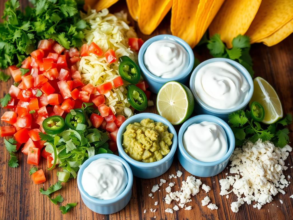 Colorful assortment of taco night garnishes including chopped cilantro, diced tomatoes, shredded lettuce, sliced jalapeños, guacamole, sour cream, lime wedges, and crumbled queso fresco on a rustic wooden table with taco shells in the background.