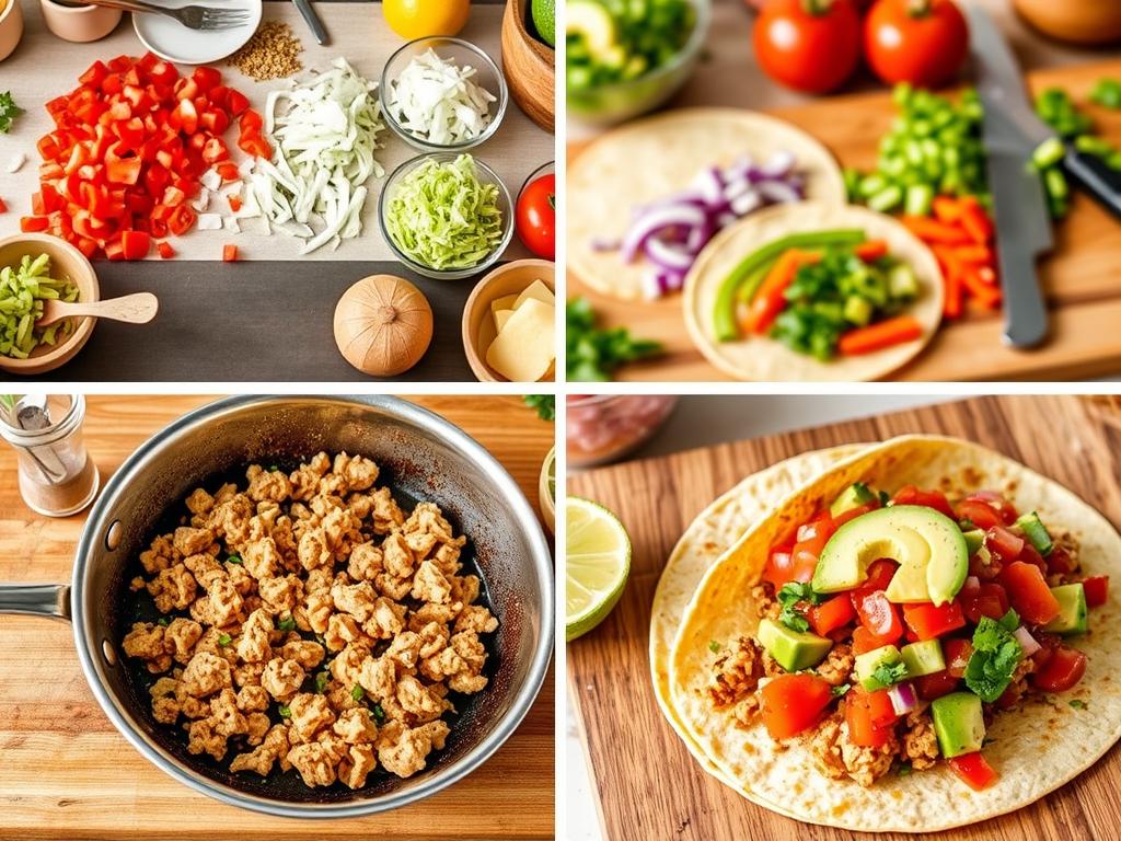 Vibrant kitchen scene showing the step-by-step cooking process of ground chicken tacos, with sizzling chicken in a skillet, diced tomatoes, chopped onions, shredded lettuce, soft taco shells, and a finished taco topped with salsa and avocado under natural lighting.