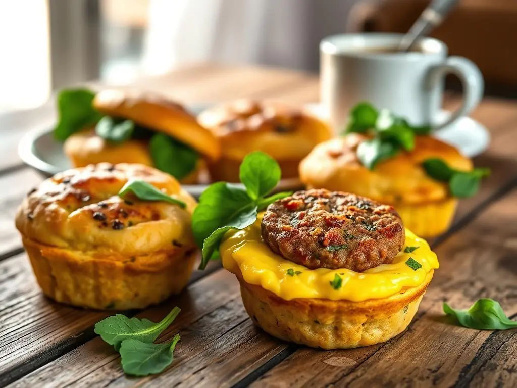 Freshly baked sausage egg muffins on a rustic wooden table, with golden-brown muffins revealing fluffy scrambled eggs and savory sausage, garnished with spinach leaves and a steaming coffee cup in the background.