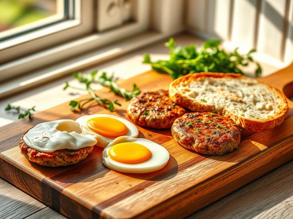 Vibrant kitchen scene with a wooden cutting board featuring freshly cracked eggs, cooked sausage patties, a toasted English muffin, and scattered fresh herbs, illuminated by warm natural light streaming through a window.