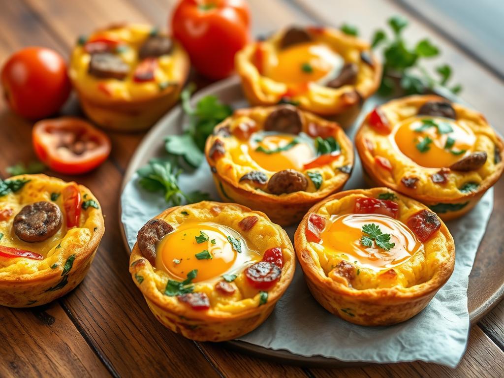 Sausage egg muffins on a wooden table, featuring vibrant vegetables like bell peppers, spinach, and tomatoes, with soft golden muffin texture, rich egg yolks peeking through, garnished with fresh herbs under warm lighting.