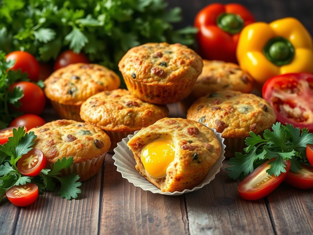 Golden brown sausage and egg muffins on a rustic wooden table, surrounded by leafy greens, sliced tomatoes, colorful bell peppers, and fresh fruit, illuminated by soft morning light highlighting their fluffy texture.