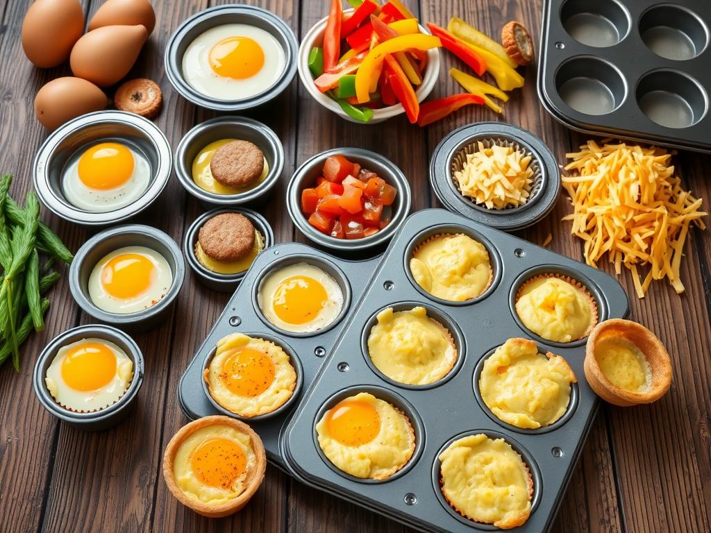 Assortment of egg muffin cups on a rustic wooden table, featuring fresh eggs, sausage patties, bell peppers, shredded cheese, muffin tins, and various preparation stages, including overfilled, undercooked, unevenly browned, and perfectly baked muffins.