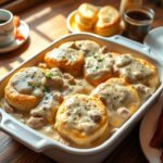 Golden-brown casserole dish with layers of biscuits and creamy sausage gravy, garnished with parsley, served with crispy bacon and coffee on a rustic wooden table.