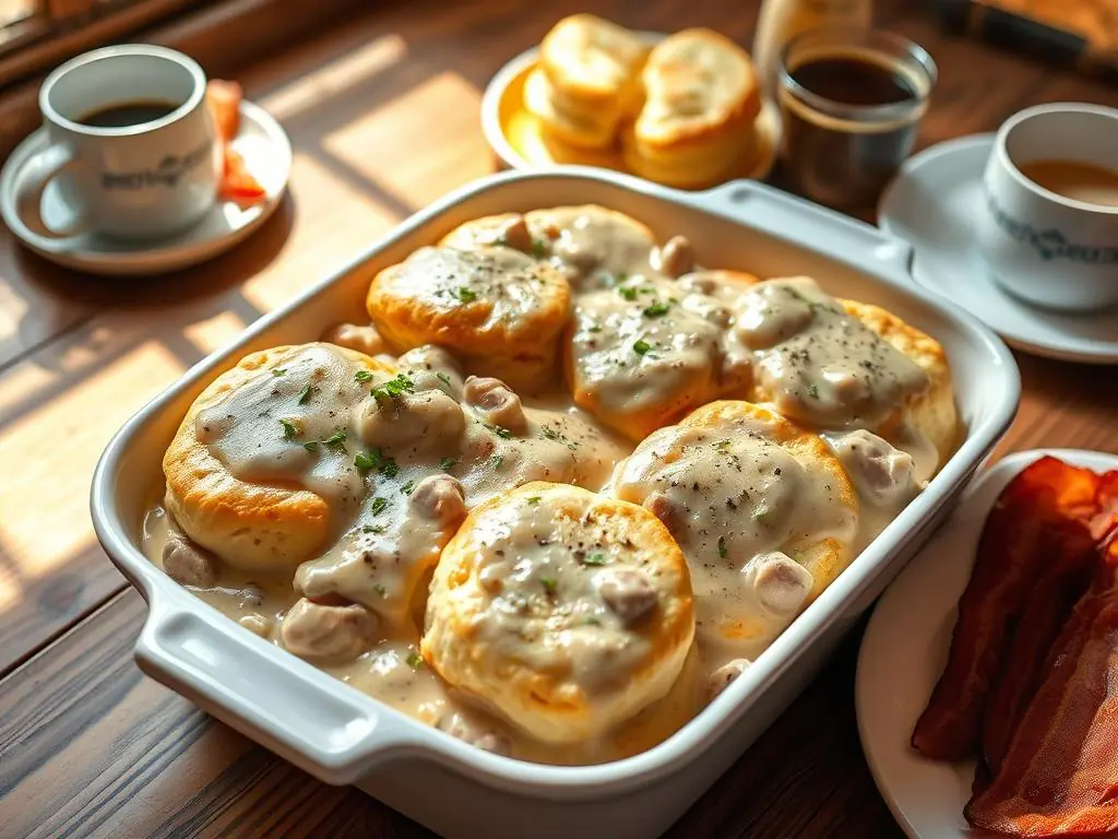 Golden-brown casserole dish with layers of biscuits and creamy sausage gravy, garnished with parsley, served with crispy bacon and coffee on a rustic wooden table.