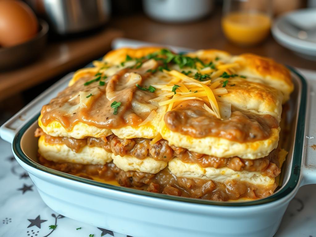 Overhead view of a layered breakfast casserole with biscuits, sausage gravy, scrambled eggs, shredded cheese, and fresh herbs in a baking dish.