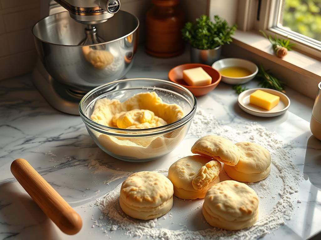 Cozy kitchen scene with a marble countertop, flour dusted around, a mixing bowl of biscuit dough, rolling pin, soft golden biscuits ready to be cut, and fresh herbs in the background.