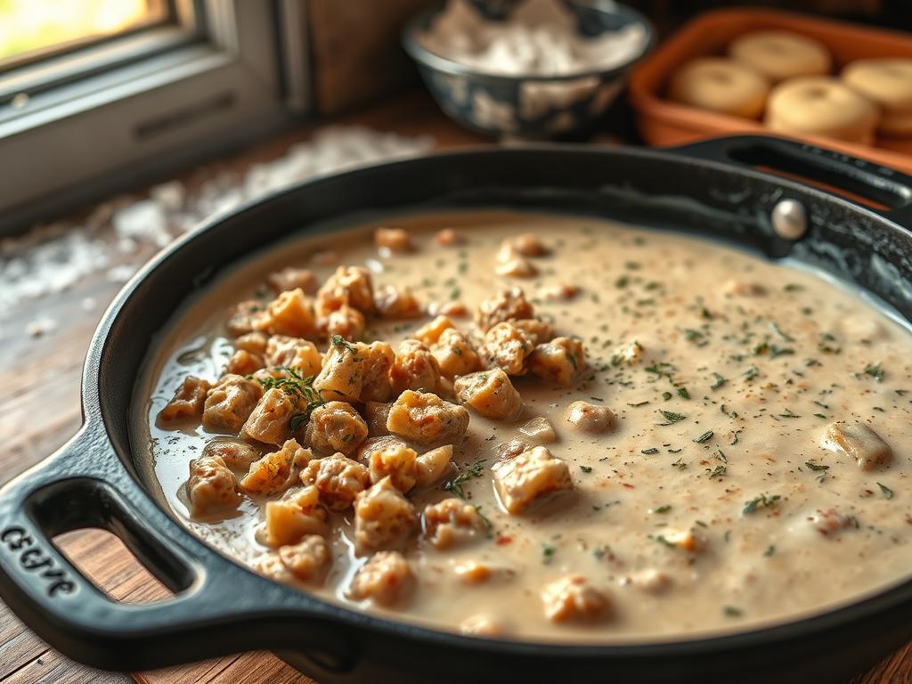 Close-up of creamy sausage gravy simmering in a cast-iron skillet with golden-brown sausage crumbles, sprinkled herbs, and scattered flour and biscuit dough in the background.