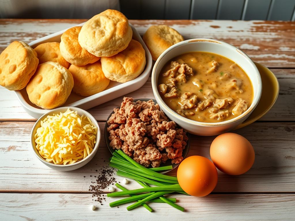 Ingredients for Biscuits and Gravy Casserole including freshly baked biscuits, sausage gravy, crumbled sausage, shredded cheddar, green onions, eggs, and black pepper, arranged on a rustic wooden table.