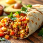 Close-up of a spicy chorizo breakfast burrito filled with scrambled eggs, tomatoes, bell peppers, cheese, and garnished with cilantro, served with avocado and salsa.