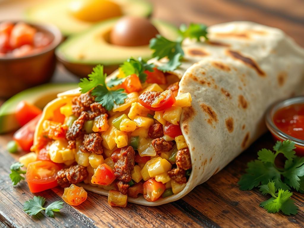 Close-up of a spicy chorizo breakfast burrito filled with scrambled eggs, tomatoes, bell peppers, cheese, and garnished with cilantro, served with avocado and salsa.