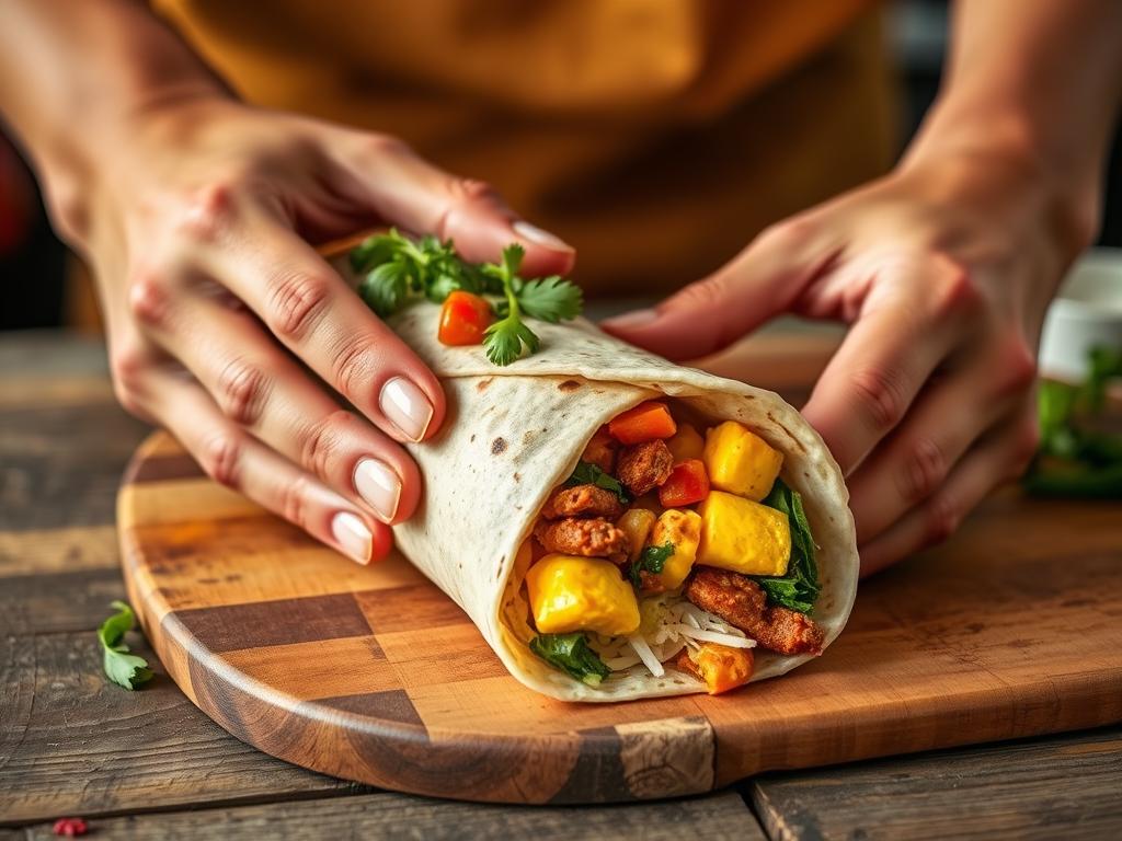 Close-up of hands wrapping a chorizo breakfast burrito with scrambled eggs, chorizo, cheese, and fresh herbs, on a rustic wooden surface.