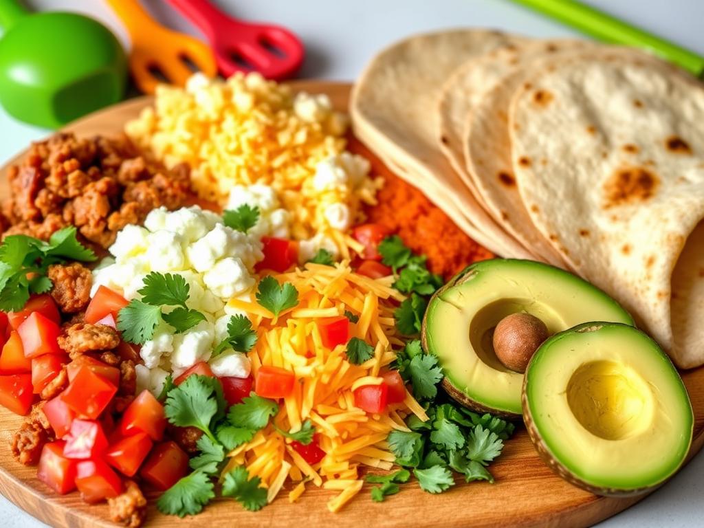 Colorful display of fresh ingredients for chorizo breakfast burritos, including chorizo sausage, scrambled eggs, diced tomatoes, shredded cheese, avocado, cilantro, and tortillas.