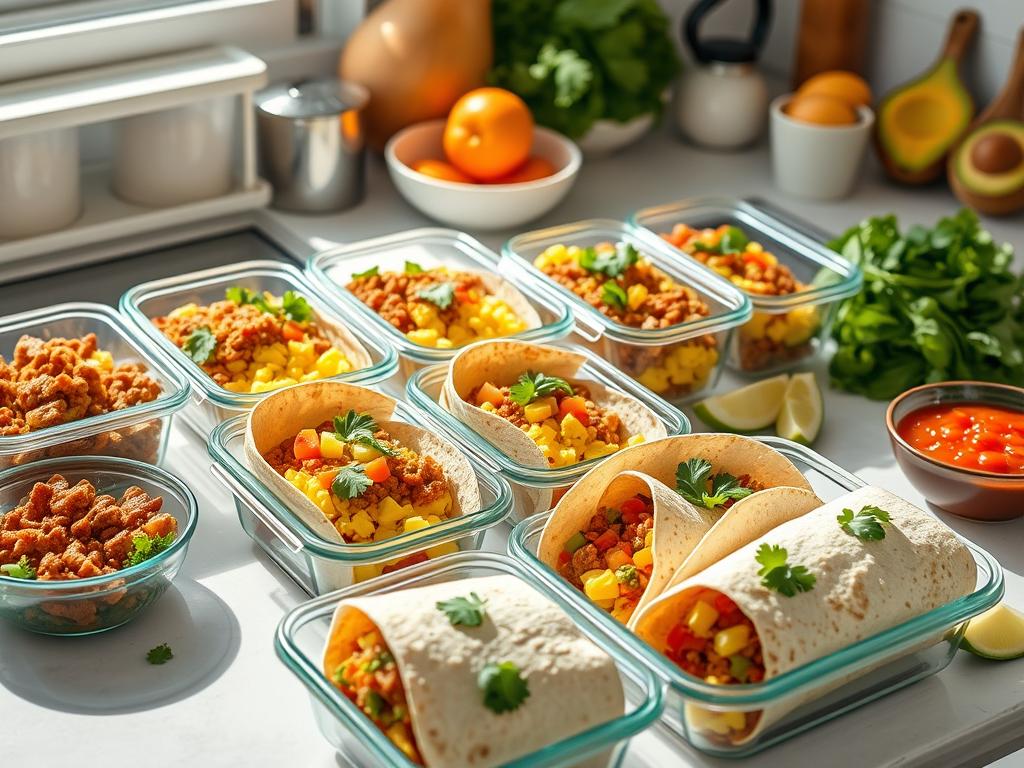 Vibrant kitchen scene with neatly arranged ingredients for chorizo breakfast burritos, including chorizo, scrambled eggs, diced vegetables, tortillas, meal prep containers with assembled burritos, salsa, and avocado slices.