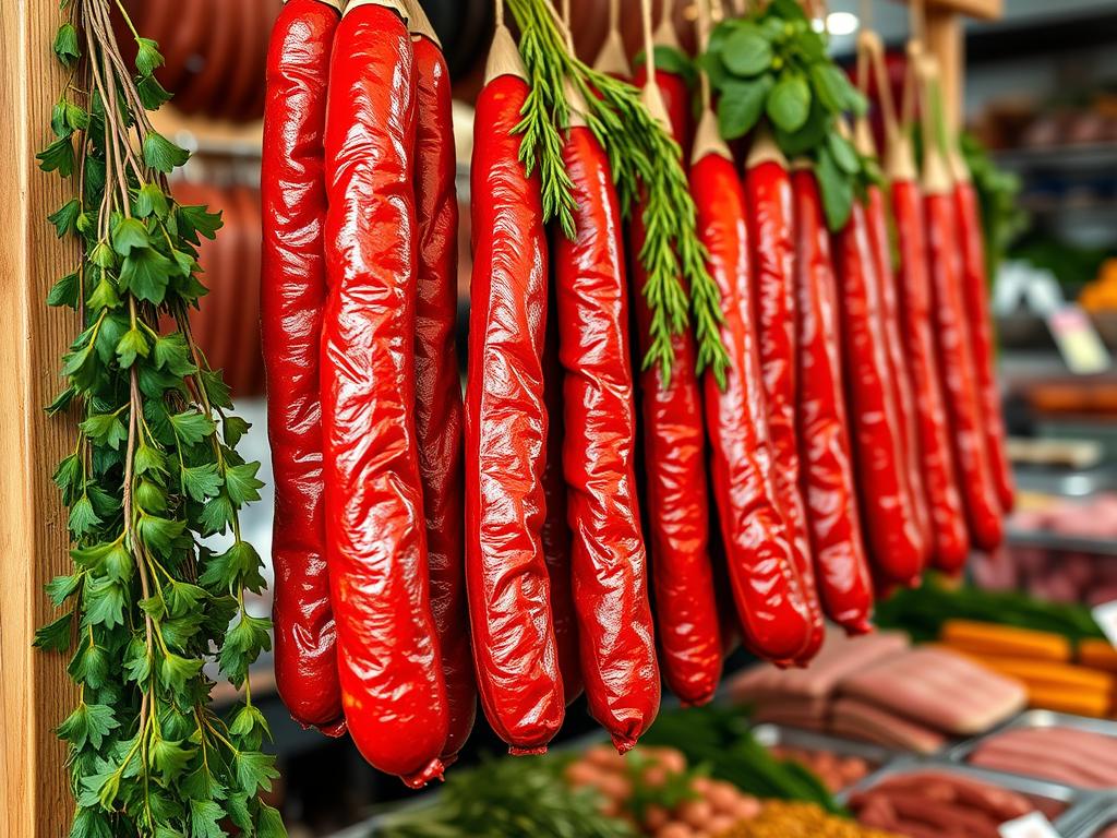 Close-up of vibrant, high-quality chorizo sausages hanging in a butcher's shop, surrounded by fresh herbs and spices, showcasing rich red color and texture.