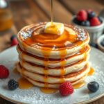 Stack of fluffy cinnamon swirl pancakes drizzled with maple syrup, topped with powdered sugar, melting butter, and fresh berries on a rustic wooden table.