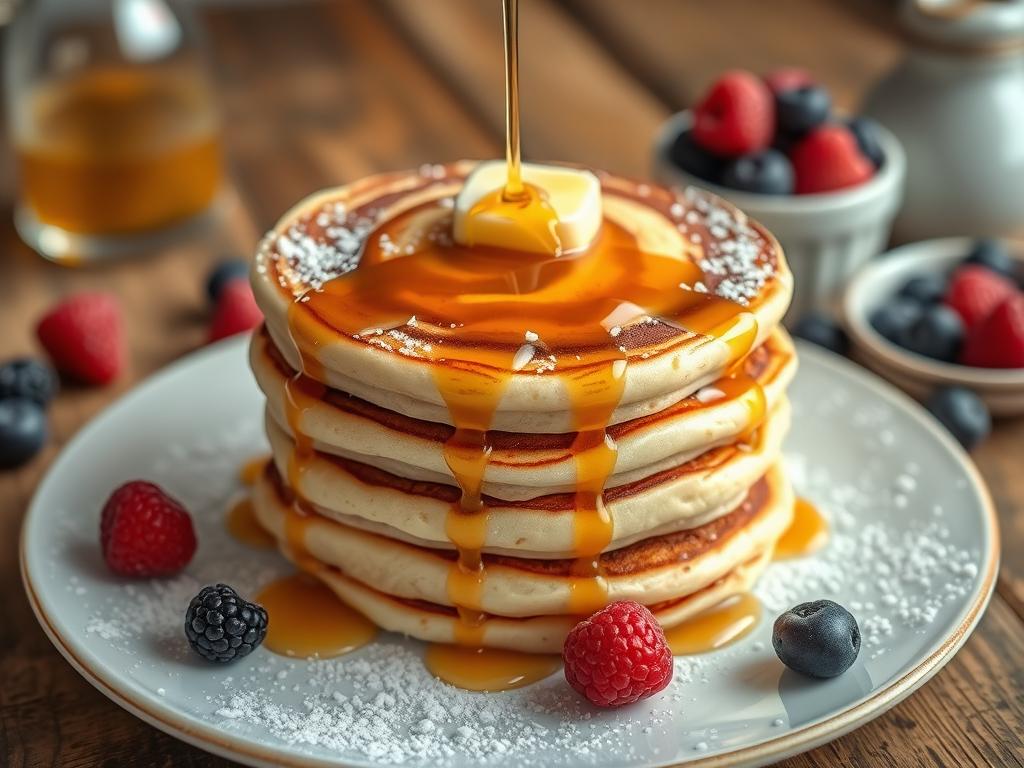 Stack of fluffy cinnamon swirl pancakes drizzled with maple syrup, topped with powdered sugar, melting butter, and fresh berries on a rustic wooden table.