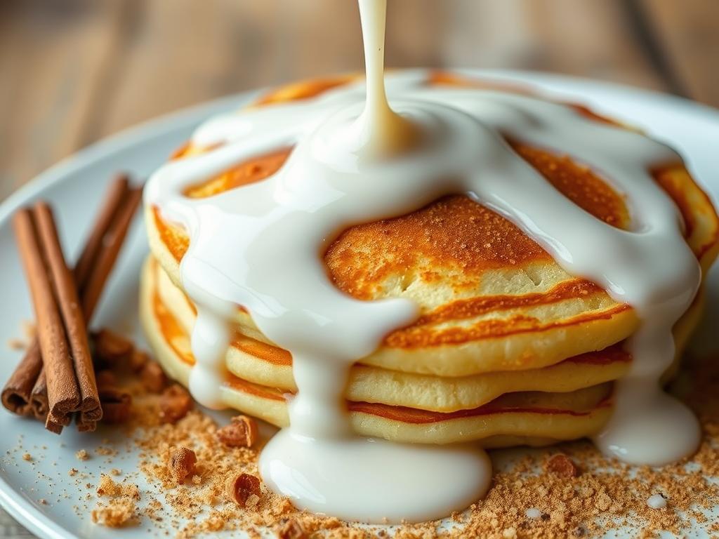 Close-up of creamy glaze drizzling over golden-brown pancakes, surrounded by cinnamon dust, caramelized sugar, cinnamon sticks, and a rustic wooden background.