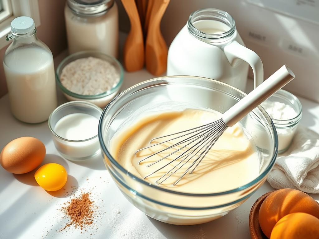 Cozy kitchen scene with a mixing bowl of creamy pancake batter, surrounded by fresh eggs, milk, flour, cinnamon, and a whisk, with a dusting of flour on the countertop.