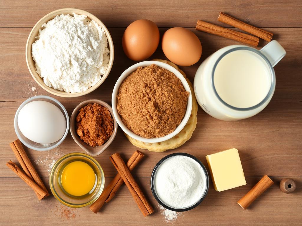 Flat lay of ingredients for cinnamon swirl pancakes including eggs, flour, brown sugar, cinnamon, baking powder, milk, melted butter, cinnamon dust, and cinnamon sticks on a rustic wooden background.