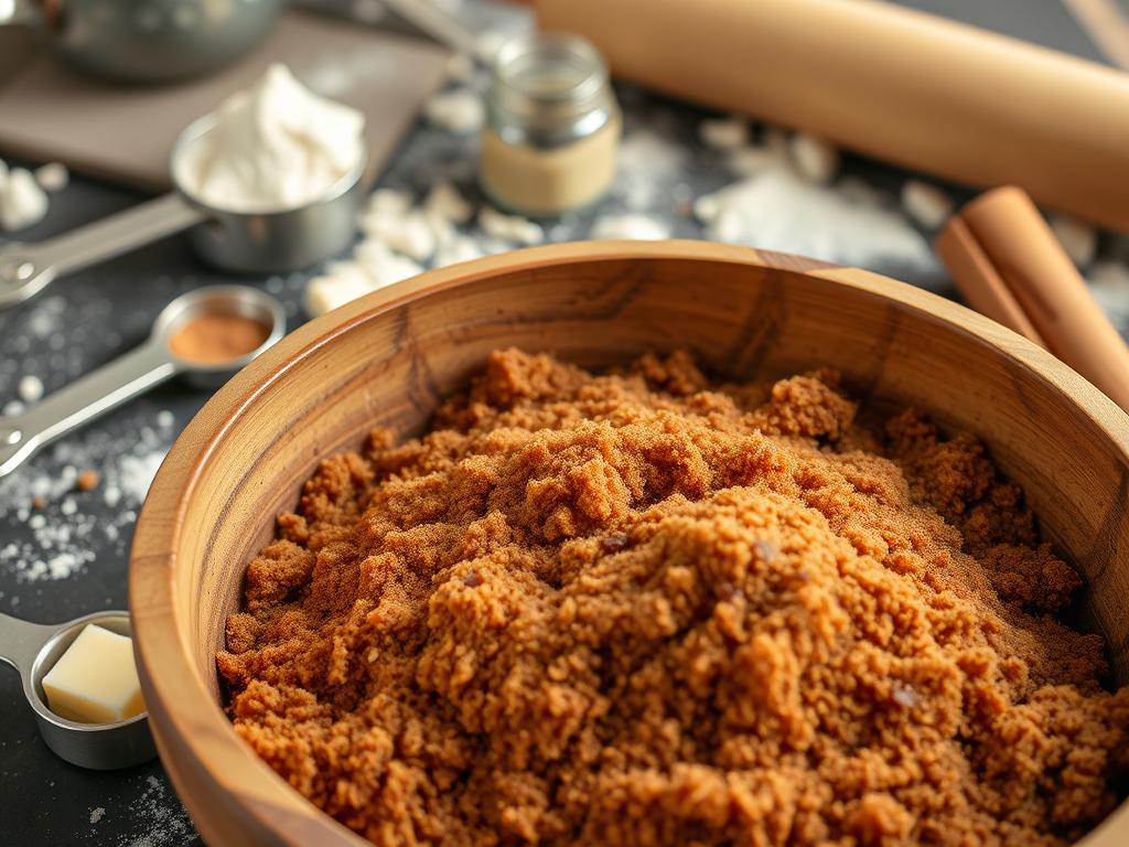 Close-up of a wooden bowl filled with cinnamon sugar, surrounded by measuring spoons, a jar of ground cinnamon, melted butter, scattered flour, and a rolling pin.