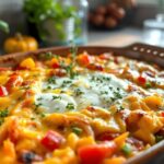 Breakfast casserole with cottage cheese and scrambled eggs, bell peppers, onions, and herbs in a ceramic dish in a sunny kitchen.