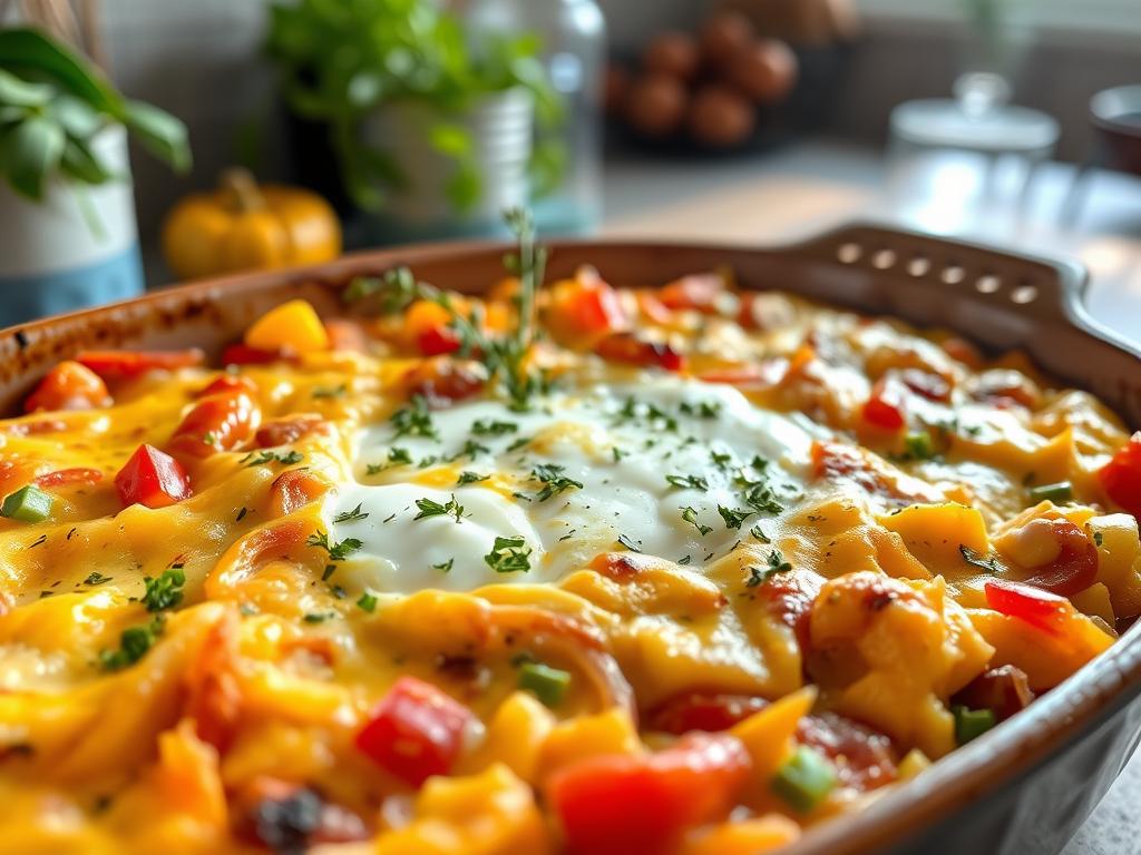 Breakfast casserole with cottage cheese and scrambled eggs, bell peppers, onions, and herbs in a ceramic dish in a sunny kitchen.