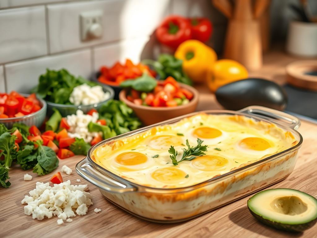 Freshly baked cottage cheese egg bake on a rustic kitchen countertop surrounded by colorful ingredients under soft natural light