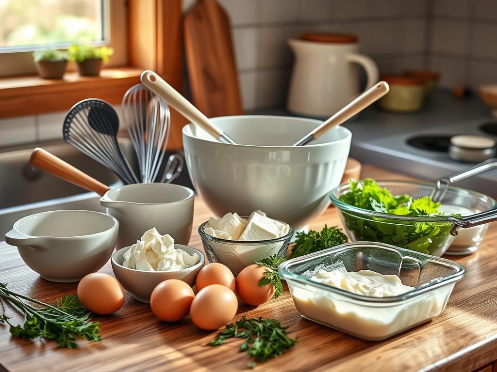 Kitchen tools on a wooden countertop with eggs, cottage cheese, and herbs, natural light enhancing a cozy setting.