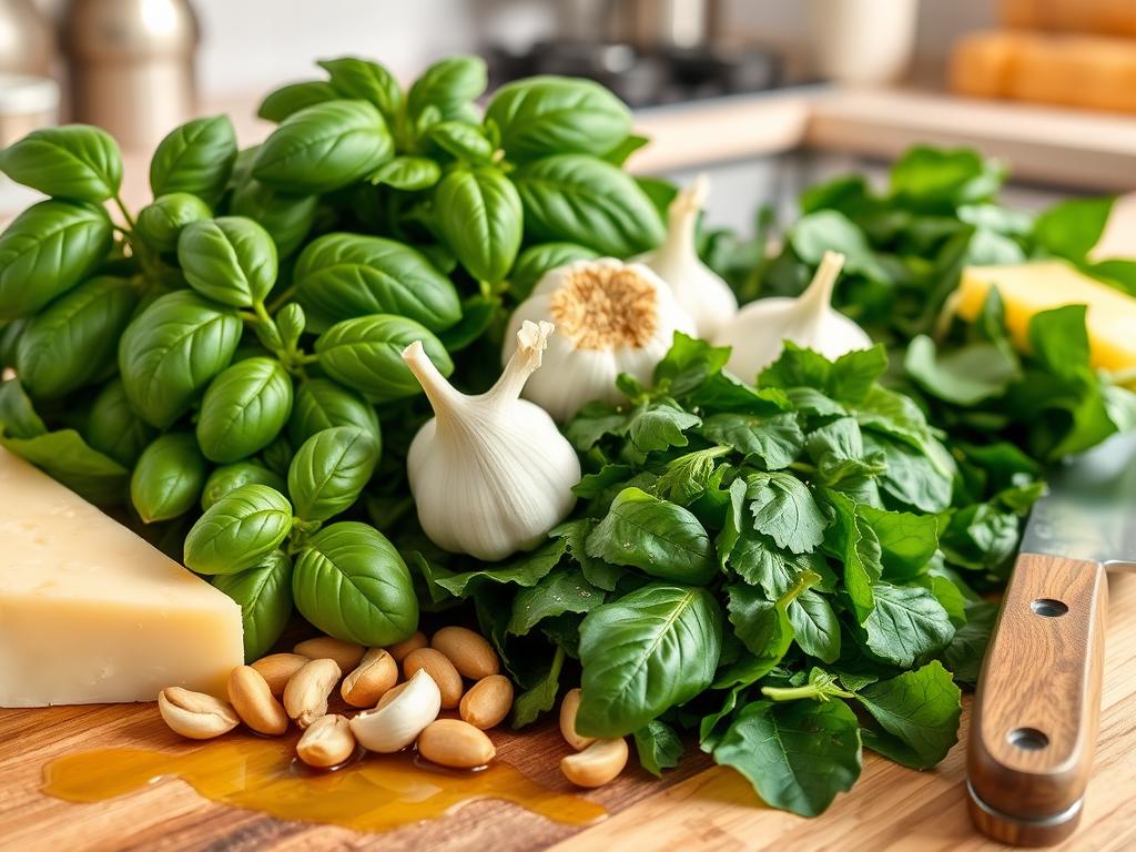 Fresh ingredients for green spaghetti sauce, including basil leaves, spinach, garlic, pine nuts, parmesan cheese, olive oil, and a cutting board with a rustic knife in a softly lit kitchen.