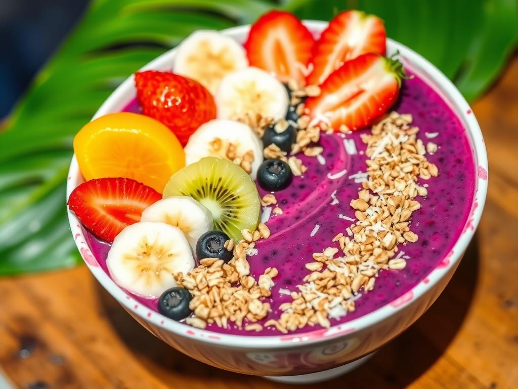 A vibrant acai bowl topped with tropical fruits, granola, and shredded coconut, set on a wooden table with a tropical leaf in the background, illuminated by natural light.