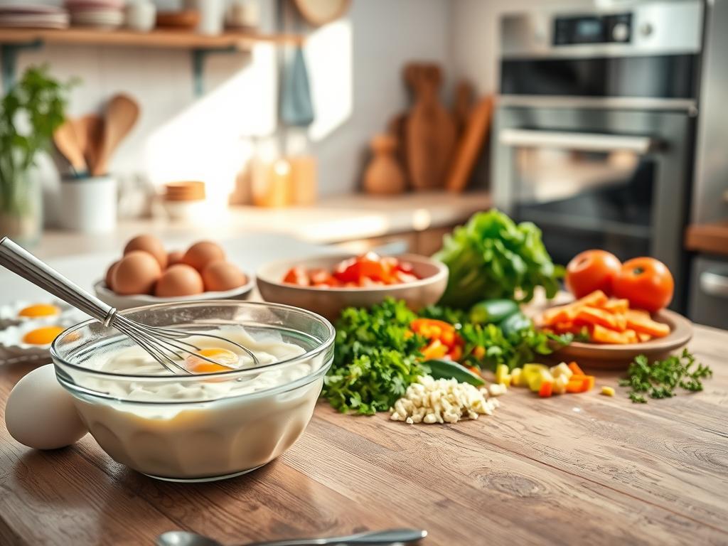 Fluffy cottage cheese egg bake in progress with ingredients on a rustic wooden countertop, morning light highlighting the mixture.