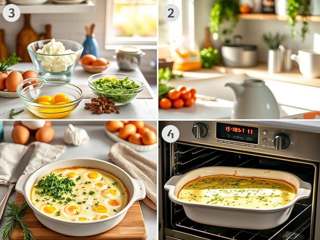 Step-by-step preparation of a cottage cheese egg bake in a cozy kitchen, illuminated by morning light.