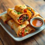 Golden brown cheese steak egg rolls on a rustic wooden table with tangy dipping sauce.