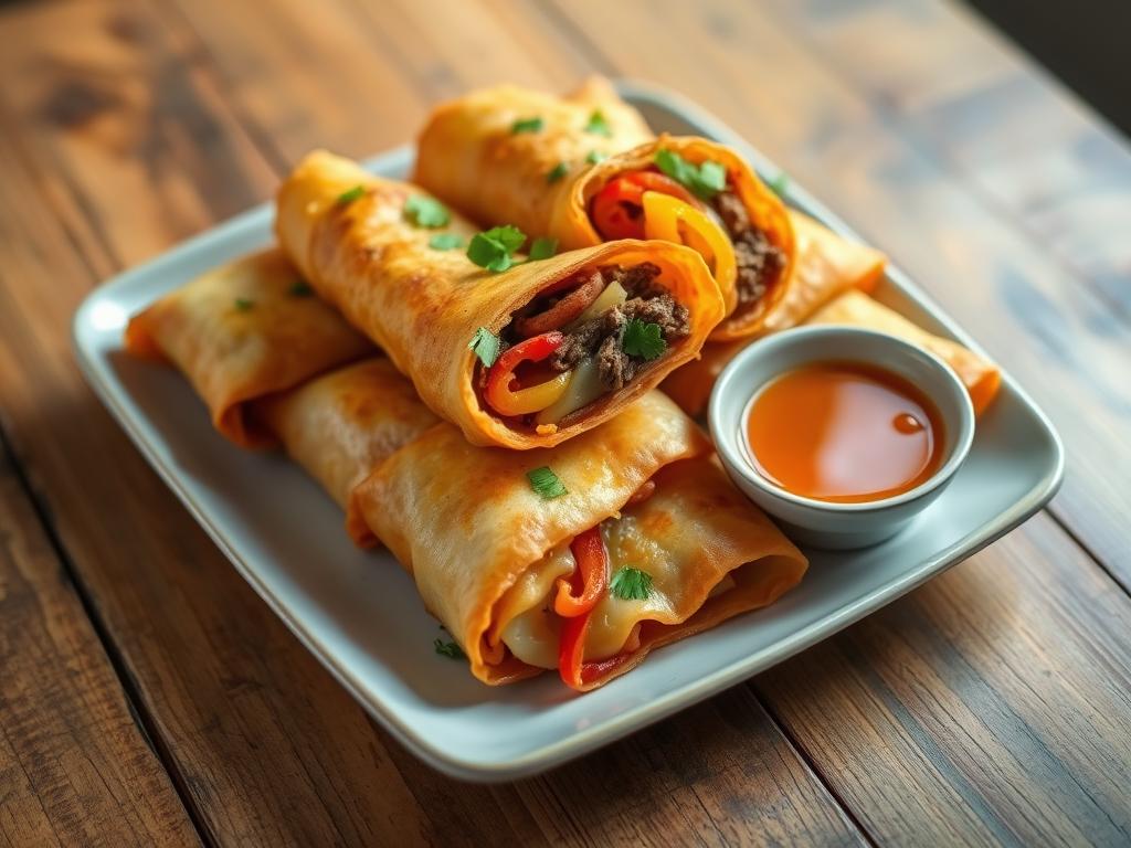 Golden brown cheese steak egg rolls on a rustic wooden table with tangy dipping sauce.