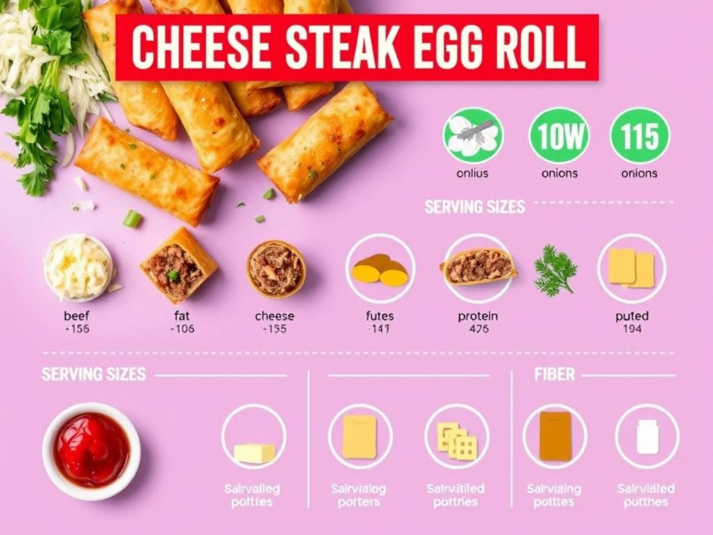 Infographic-style image of cheese steak egg rolls with icons representing nutritional values and ingredients.