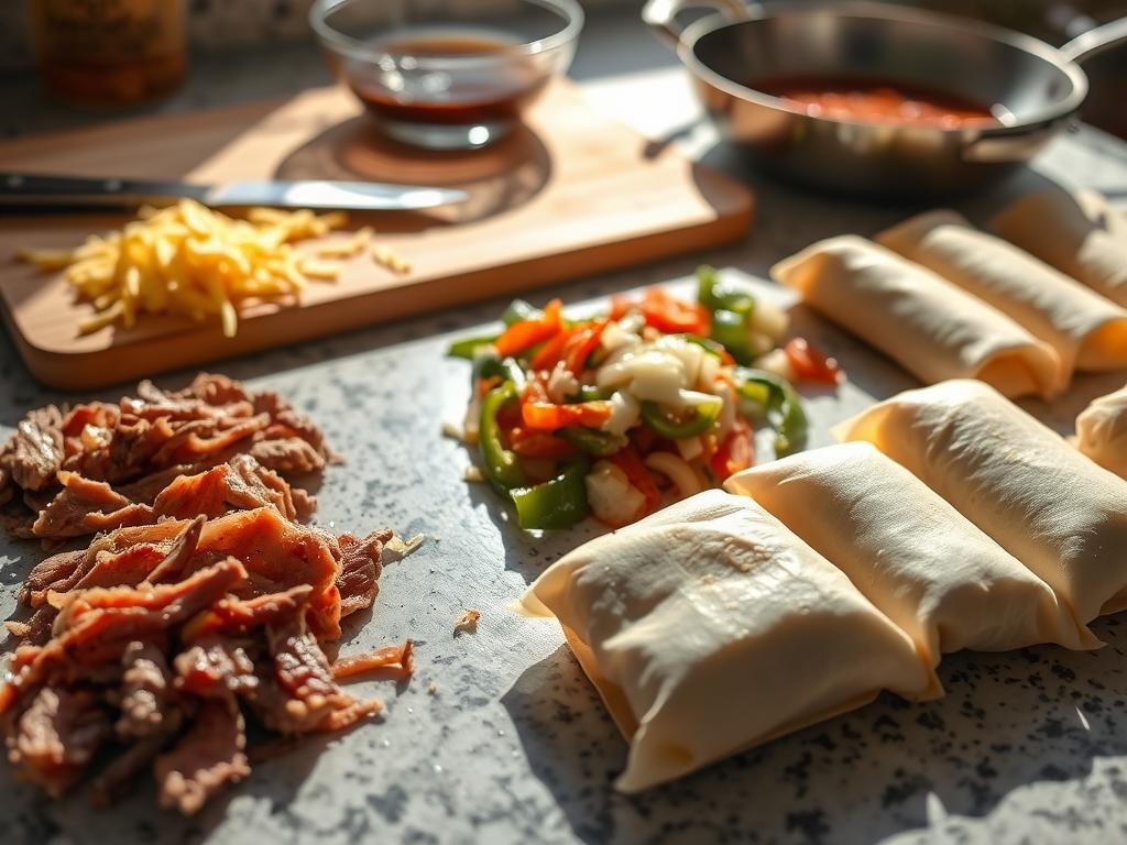 Close-up of cheese steak egg roll ingredients on a kitchen countertop, including steak, cheese, onions, peppers, and wrappers.