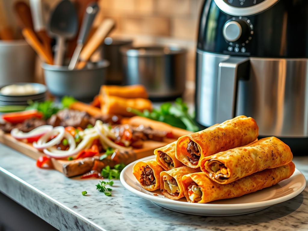 Freshly made cheese steak egg rolls next to an air fryer with ingredients and utensils on a kitchen countertop.