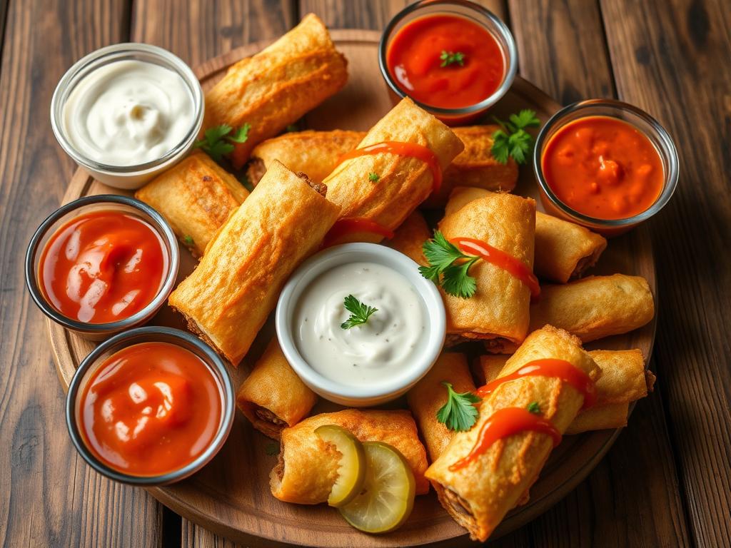 Crispy Philly cheese steak egg rolls with dipping sauces on a rustic wooden table, accented with fresh herbs and pickle slices.