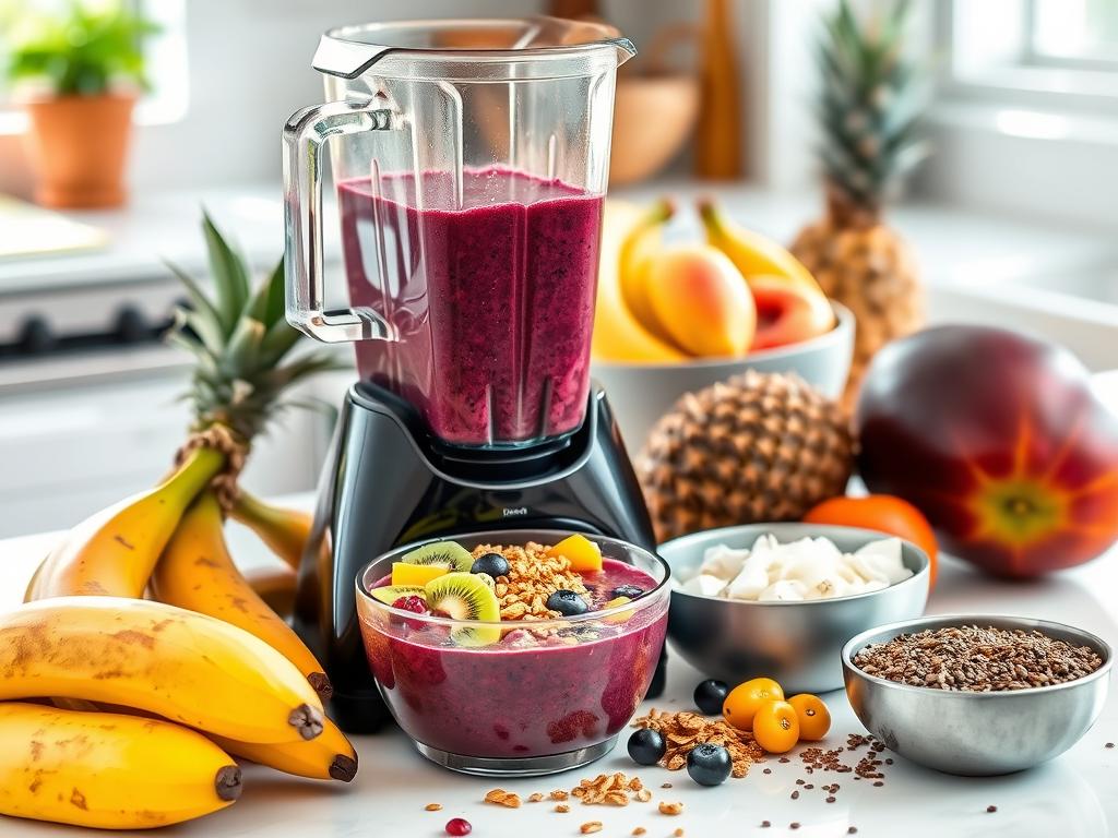 Acai bowl preparation with a blender of acai puree, surrounded by fresh tropical fruits, granola, chia seeds, and coconut flakes on a brightly lit kitchen countertop.