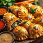 Colorful vegetarian empanadas with spinach, cheese, and mushroom fillings on a rustic wooden table, garnished with fresh herbs and accompanied by vibrant dipping sauces and fresh vegetables, under warm lighting that accentuates their flaky texture.