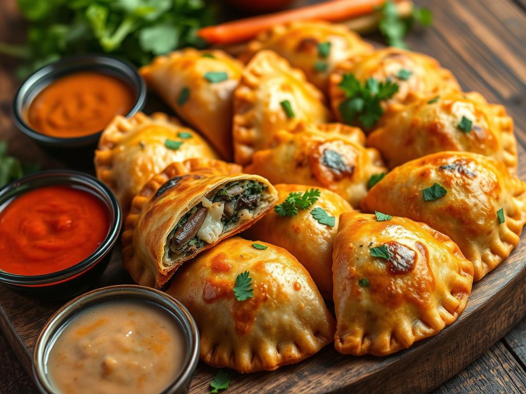 Colorful vegetarian empanadas with spinach, cheese, and mushroom fillings on a rustic wooden table, garnished with fresh herbs and accompanied by vibrant dipping sauces and fresh vegetables, under warm lighting that accentuates their flaky texture.