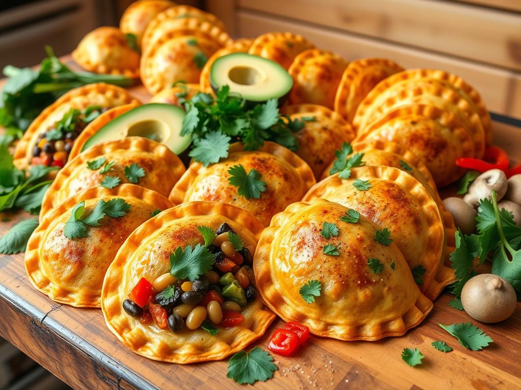 Vegan empanadas with golden-brown shells filled with colorful vegetables, beans, and spices, displayed on a rustic wooden table, accompanied by fresh herbs, avocado slices, and ingredients like spinach, mushrooms, and peppers in a warm kitchen setting.